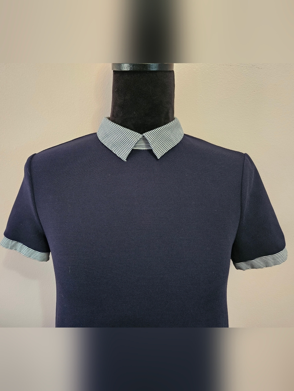 Zara Navy Blue Collared Striped Preppy Mini Dress - Size Small - Picture 3 of 8